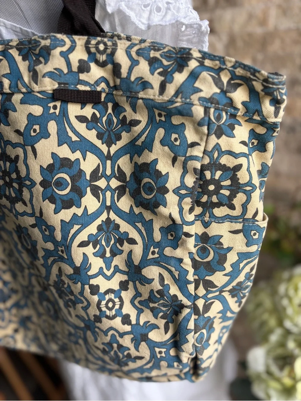 Canvas Floral-Print Tote Bag in Blue and Cream